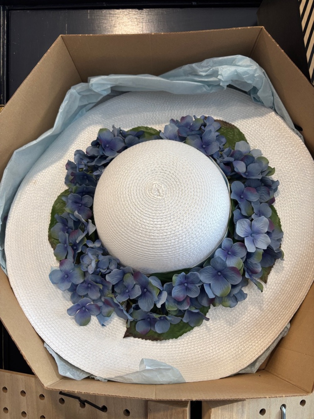 White Straw Sun Hat with Blue Hydrangea Wreath